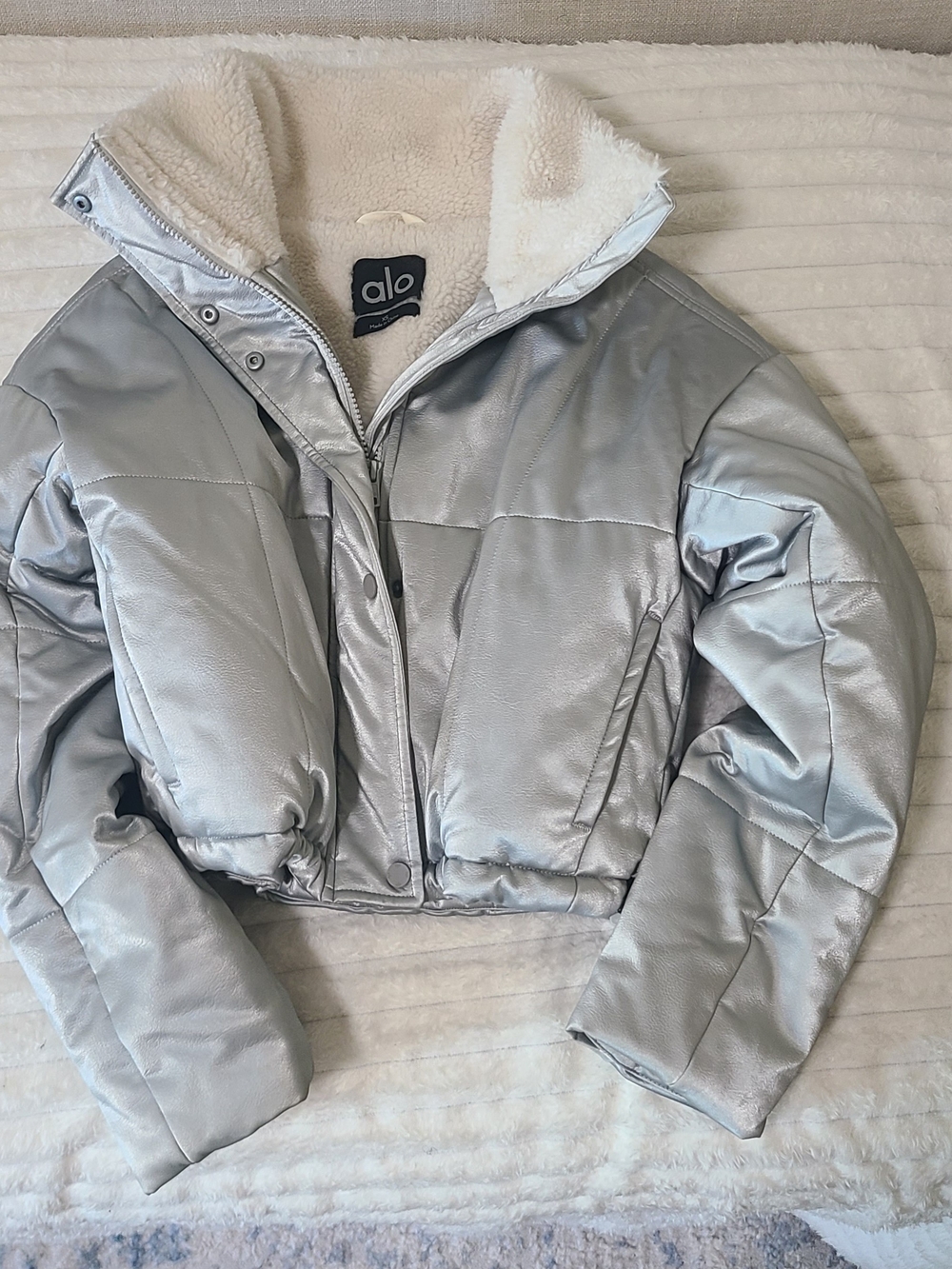Alo Women's Silver Puffer Jacket with Sherpa Lining